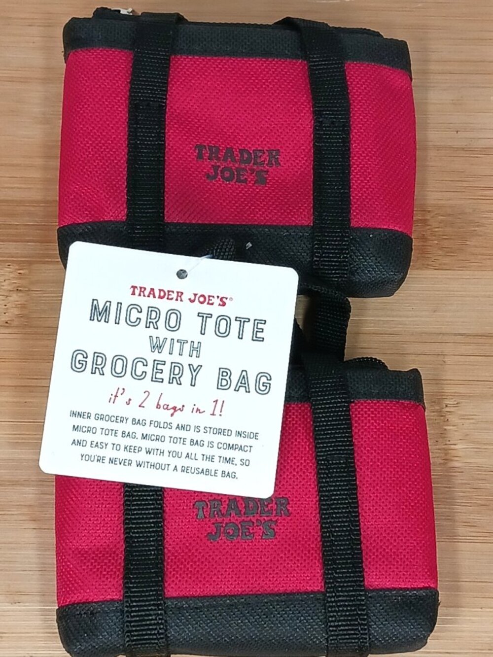 2x Trader Joe's Black W/ Red Micro Totes With Grocery Bag 2 In 1 Mini